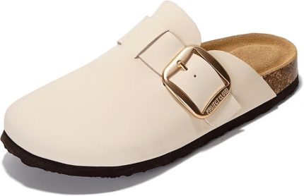 100% Genuine Leather Sole Clogs for Women - Memory Foam Insole, Non-Slip Natural Cork Footbed, Arch Support & Large Buckle